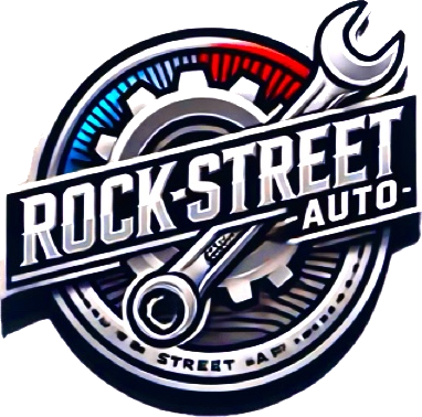 Rock Street Auto chrome badge with gear and wrench